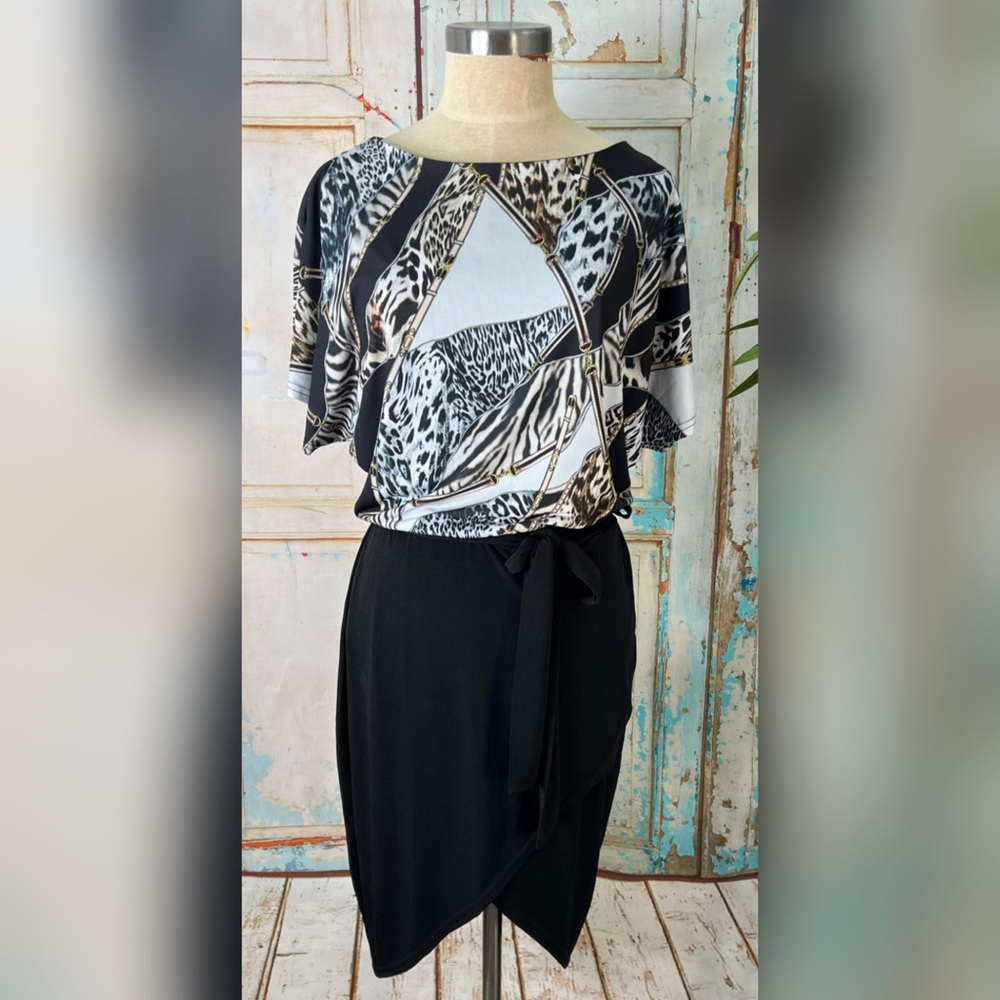 New! VENUS Black Animal Print Midi Dress